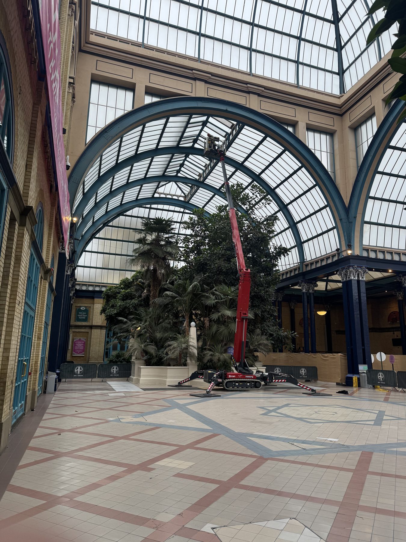 Palm Court glazed atrium at Alexandra Palace with tracked spider boom lift, AP barriers and palms