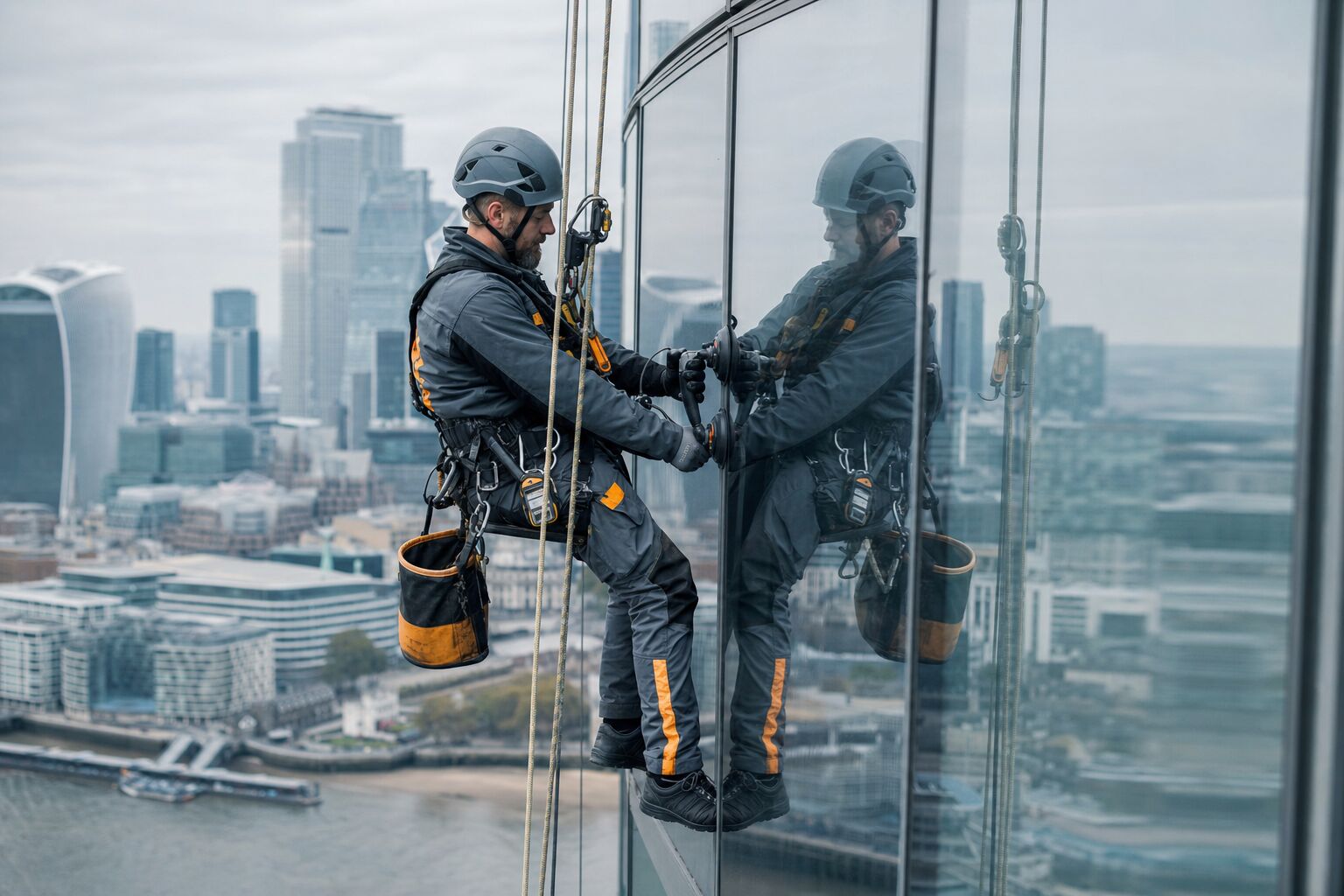 An IRATA rope access technician replacing a glazing unit on a high-rise glass facade in London