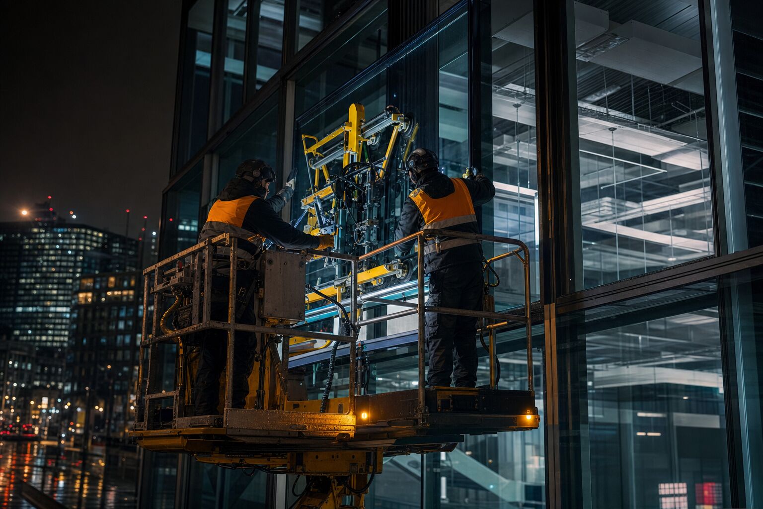 Out-of-hours glazing installation from a mobile elevating work platform at night